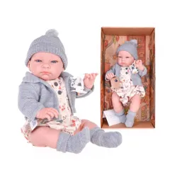 Hiszpańska lalka bobas chłopiec John w szarym sweterku - 45cm