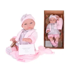 Hiszpańska lalka dziewczynka bobas Jenny w różowym sweterku - 45cm