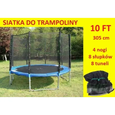 Siatka ochronna do trampoliny 10 FT (305 cm) 4 nogi - 8 słupków - 8 tuneli CZARNA