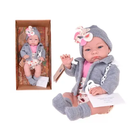 Hiszpańska lalka dziewczynka bobas Jenny w szarym sweterku - 45cm
