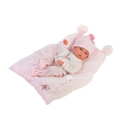 Lalka bobas dziewczynka Bimba 35 cm na różowej poduszeczce